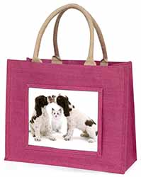 Cocker Spaniel and Kitten -Love Large Pink Jute Shopping Bag