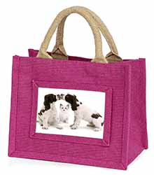 Cocker Spaniel and Kitten -Love Little Girls Small Pink Jute Shopping Bag