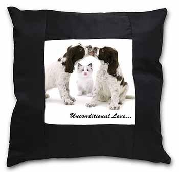 Cocker Spaniel and Kitten -Love Black Satin Feel Scatter Cushion