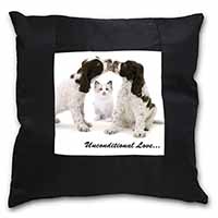 Cocker Spaniel and Kitten -Love Black Satin Feel Scatter Cushion