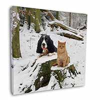 Cocker Spaniel and Cat Snow Scene 12"x12" Canvas Wall Art Picture Print