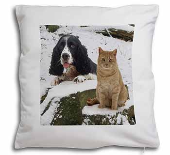 Cocker Spaniel and Cat Snow Scene Soft White Velvet Feel Scatter Cushion