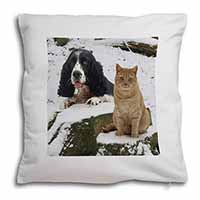 Cocker Spaniel and Cat Snow Scene Soft White Velvet Feel Scatter Cushion