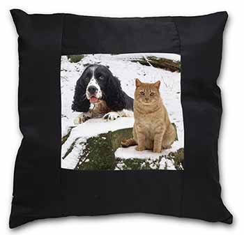 Cocker Spaniel and Cat Snow Scene Black Satin Feel Scatter Cushion