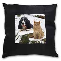 Cocker Spaniel and Cat Snow Scene Black Satin Feel Scatter Cushion