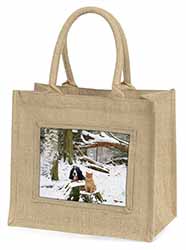 Cocker Spaniel and Cat Snow Scene Natural/Beige Jute Large Shopping Bag
