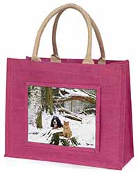Cocker Spaniel and Cat Snow Scene Large Pink Jute Shopping Bag