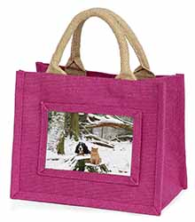 Cocker Spaniel and Cat Snow Scene Little Girls Small Pink Jute Shopping Bag