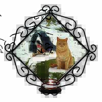 Cocker Spaniel and Cat Snow Scene Wrought Iron Wall Art Candle Holder