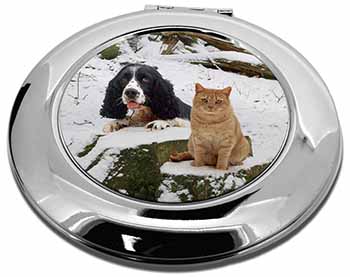 Cocker Spaniel and Cat Snow Scene Make-Up Round Compact Mirror