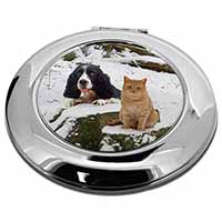 Cocker Spaniel and Cat Snow Scene Make-Up Round Compact Mirror