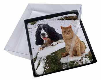4x Cocker Spaniel and Cat Snow Scene Picture Table Coasters Set in Gift Box