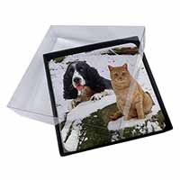 4x Cocker Spaniel and Cat Snow Scene Picture Table Coasters Set in Gift Box