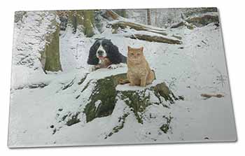Large Glass Cutting Chopping Board Cocker Spaniel and Cat Snow Scene