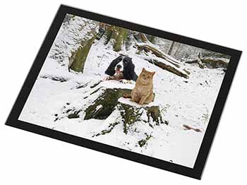Cocker Spaniel and Cat Snow Scene Black Rim High Quality Glass Placemat