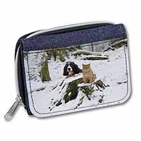 Cocker Spaniel and Cat Snow Scene Unisex Denim Purse Wallet