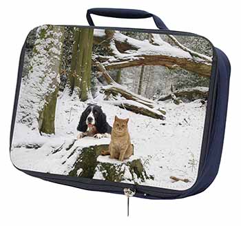 Cocker Spaniel and Cat Snow Scene Navy Insulated School Lunch Box/Picnic Bag
