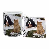 Cocker Spaniel and Cat Snow Scene Mug and Coaster Set