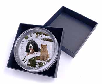 Cocker Spaniel and Cat Snow Scene Glass Paperweight in Gift Box