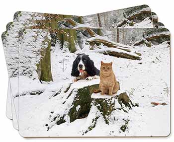 Cocker Spaniel and Cat Snow Scene Picture Placemats in Gift Box