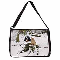 Cocker Spaniel and Cat Snow Scene Large Black Laptop Shoulder Bag School/College