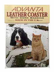 Cocker Spaniel and Cat Snow Scene Single Leather Photo Coaster
