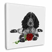 Cocker Spaniel (B+W) with Red Rose Square Canvas 12"x12" Wall Art Picture Print