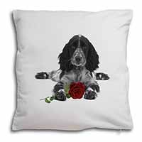 Cocker Spaniel (B+W) with Red Rose Soft White Velvet Feel Scatter Cushion