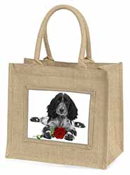 Cocker Spaniel (B+W) with Red Rose Natural/Beige Jute Large Shopping Bag