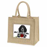 Cocker Spaniel (B+W) with Red Rose Natural/Beige Jute Large Shopping Bag