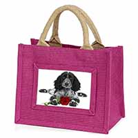 Cocker Spaniel (B+W) with Red Rose Little Girls Small Pink Jute Shopping Bag