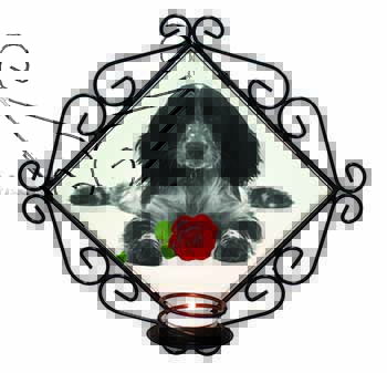 Cocker Spaniel (B+W) with Red Rose Wrought Iron Wall Art Candle Holder
