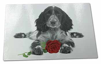 Large Glass Cutting Chopping Board Cocker Spaniel (B+W) with Red Rose