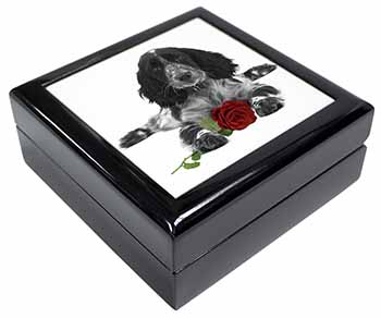 Cocker Spaniel (B+W) with Red Rose Keepsake/Jewellery Box