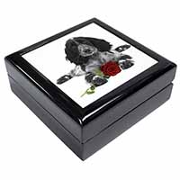Cocker Spaniel (B+W) with Red Rose Keepsake/Jewellery Box