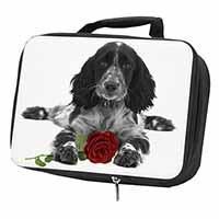 Cocker Spaniel (B+W) with Red Rose Black Insulated School Lunch Box/Picnic Bag