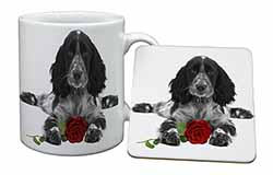 Cocker Spaniel (B+W) with Red Rose Mug and Coaster Set