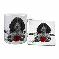 Cocker Spaniel (B+W) with Red Rose Mug and Coaster Set