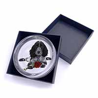 Cocker Spaniel (B+W) with Red Rose Glass Paperweight in Gift Box