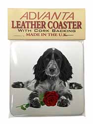 Cocker Spaniel (B+W) with Red Rose Single Leather Photo Coaster
