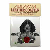 Cocker Spaniel (B+W) with Red Rose Single Leather Photo Coaster