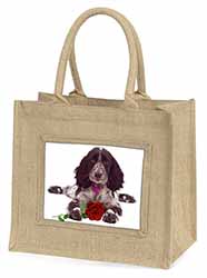 Blue Roan Cocker Spaniel with Rose Natural/Beige Jute Large Shopping Bag