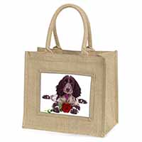 Blue Roan Cocker Spaniel with Rose Natural/Beige Jute Large Shopping Bag