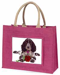 Blue Roan Cocker Spaniel with Rose Large Pink Jute Shopping Bag