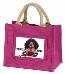 Blue Roan Cocker Spaniel with Rose Little Girls Small Pink Jute Shopping Bag