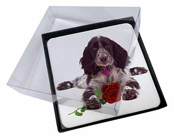 4x Blue Roan Cocker Spaniel with Rose Picture Table Coasters Set in Gift Box