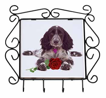 Blue Roan Cocker Spaniel with Rose Wrought Iron Key Holder Hooks