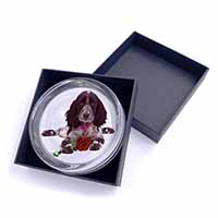 Blue Roan Cocker Spaniel with Rose Glass Paperweight in Gift Box