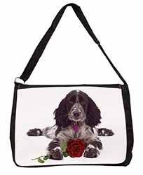 Blue Roan Cocker Spaniel with Rose Large Black Laptop Shoulder Bag School/Colleg