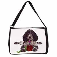 Blue Roan Cocker Spaniel with Rose Large Black Laptop Shoulder Bag School/Colleg